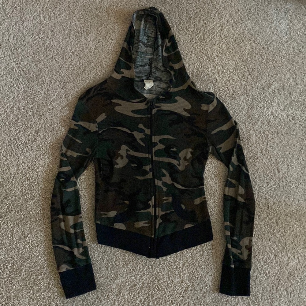 Army/Camouflage print lightweight zip up thermal hoodie sweater, size Small